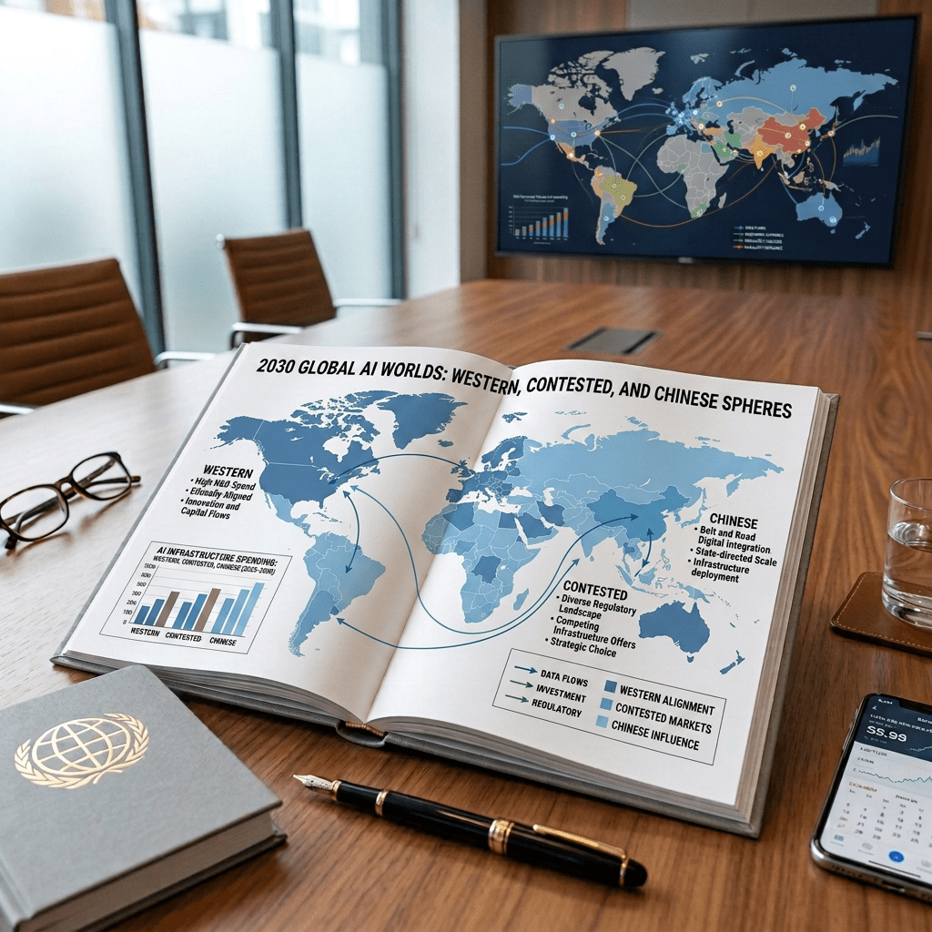 Open book on table showing a world map of partitioned global AI ecosystems with data flows and regulatory areas highlighted