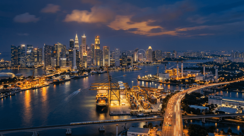 Singapore skyline, port, waterfront, and illuminated roads at dusk