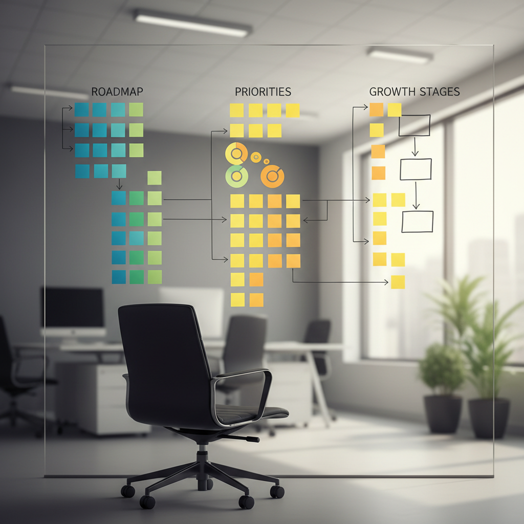 A large wall-mounted glass board in a modern workspace, covered with neatly arranged colored sticky notes and hand-drawn flowcharts, photographed without any visible handwriting. The notes are positioned in clear columns, visually suggesting a roadmap, priorities, and growth stages. A matte black chair is pulled back slightly from the board, hinting at an ongoing strategic session. Soft overhead lighting blends with daylight from an unseen window, creating a bright but not harsh atmosphere. Captured at eye level with a shallow depth of field, the focus is on the central cluster of notes, evoking strategic clarity, experimentation, and thoughtful decision-making in a professional, photographic style.