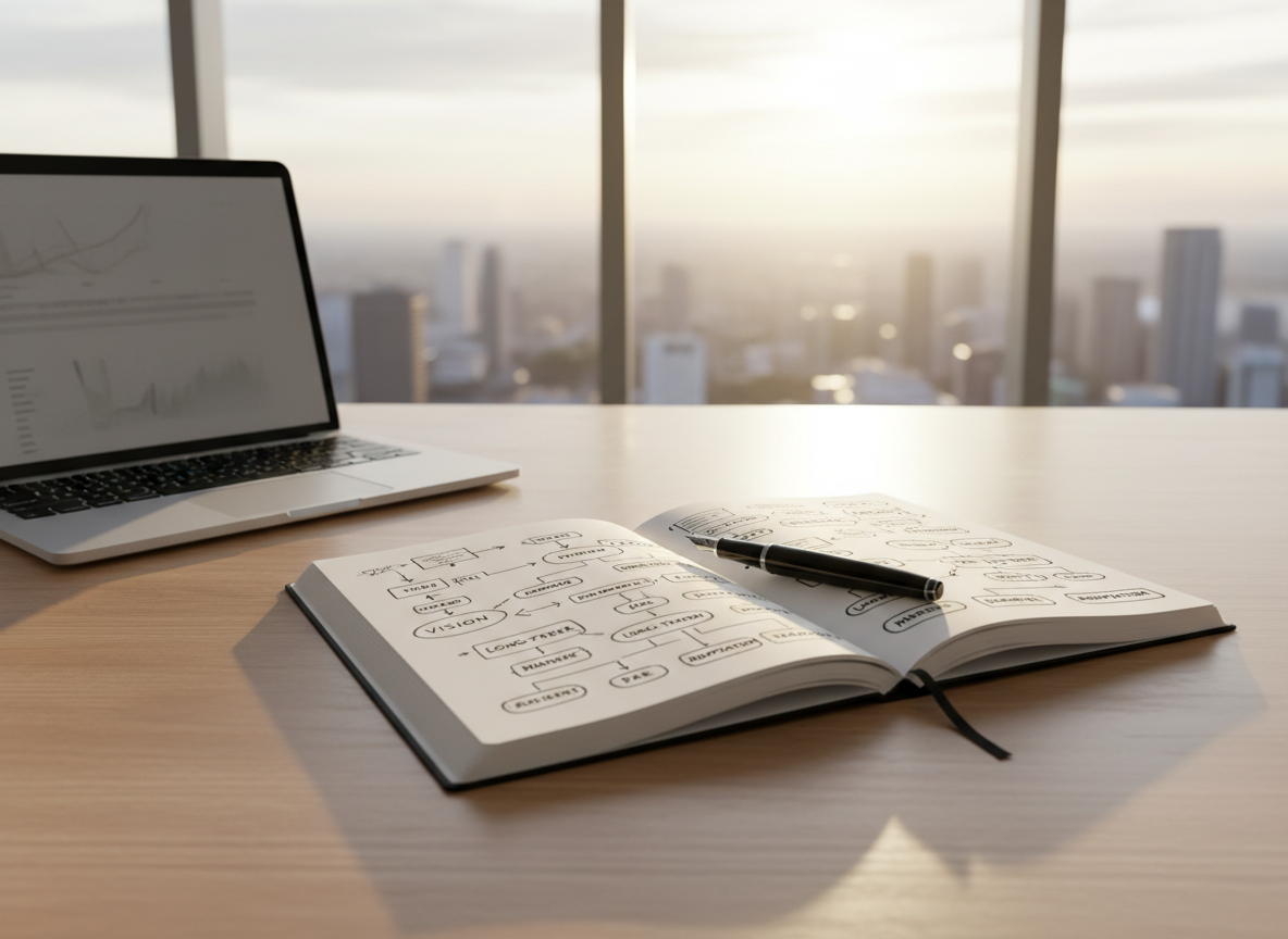 A large, clean wooden desk seen from a slightly elevated angle, holding an open hardcover notebook filled with neatly sketched strategic diagrams and arrows, a slim metal laptop slightly off to the side, and a single black fountain pen resting across the page. Beyond the desk, a floor-to-ceiling window reveals a softly blurred city skyline at sunrise, suggesting possibility without feeling corporate. Warm, diffused morning light washes across the surface, creating gentle shadows and subtle reflections in a calm, photographic realism. The mood is thoughtful and focused, with a minimalist, uncluttered composition that emphasizes clarity of thinking, leadership, and long-term growth planning.