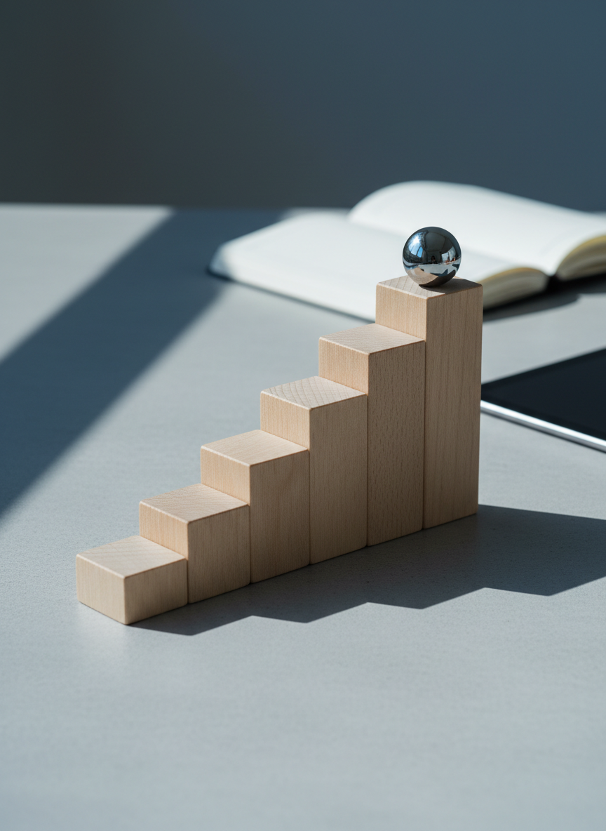 An abstract tabletop scene symbolizing business growth: a series of wooden blocks of increasing height arranged in a clean upward staircase across a smooth concrete surface, leading toward a small, polished metal sphere at the top. Behind them, an open, unbranded notebook and a slim tablet lie slightly out of focus. Cool natural daylight from the left creates crisp, directional shadows that emphasize the progression of the blocks. The composition follows the rule of thirds, with the tallest block near the upper right, conveying momentum, deliberate planning, and measured progress. The aesthetic is modern, minimal, and photographic, supporting thoughtful strategy and long-term growth themes.