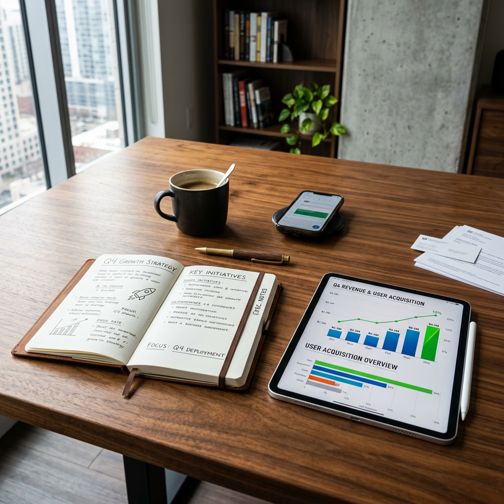 Notebook with Q4 strategy notes, tablet showing revenue and user acquisition charts, smartphone, and coffee mug on table