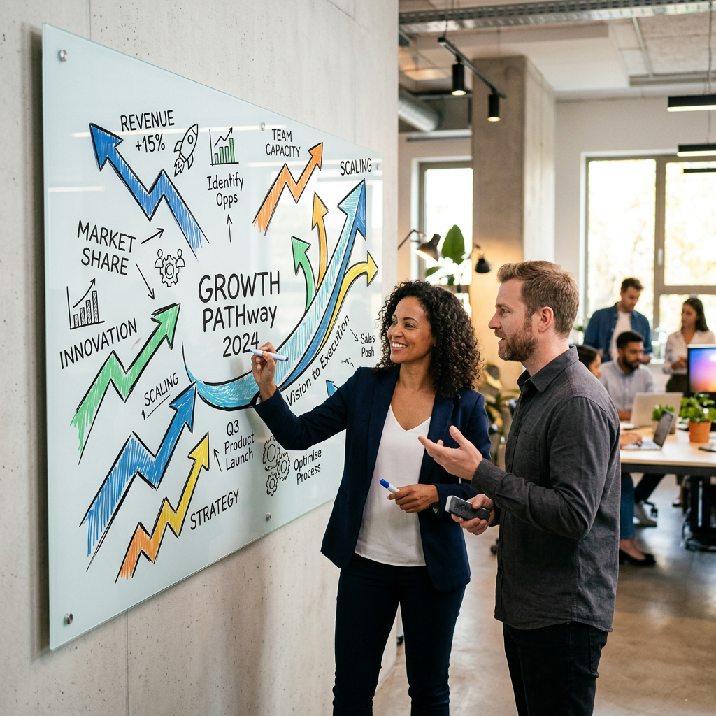 Two colleagues discussing a growth strategy diagram on a glass board with arrows and business terms