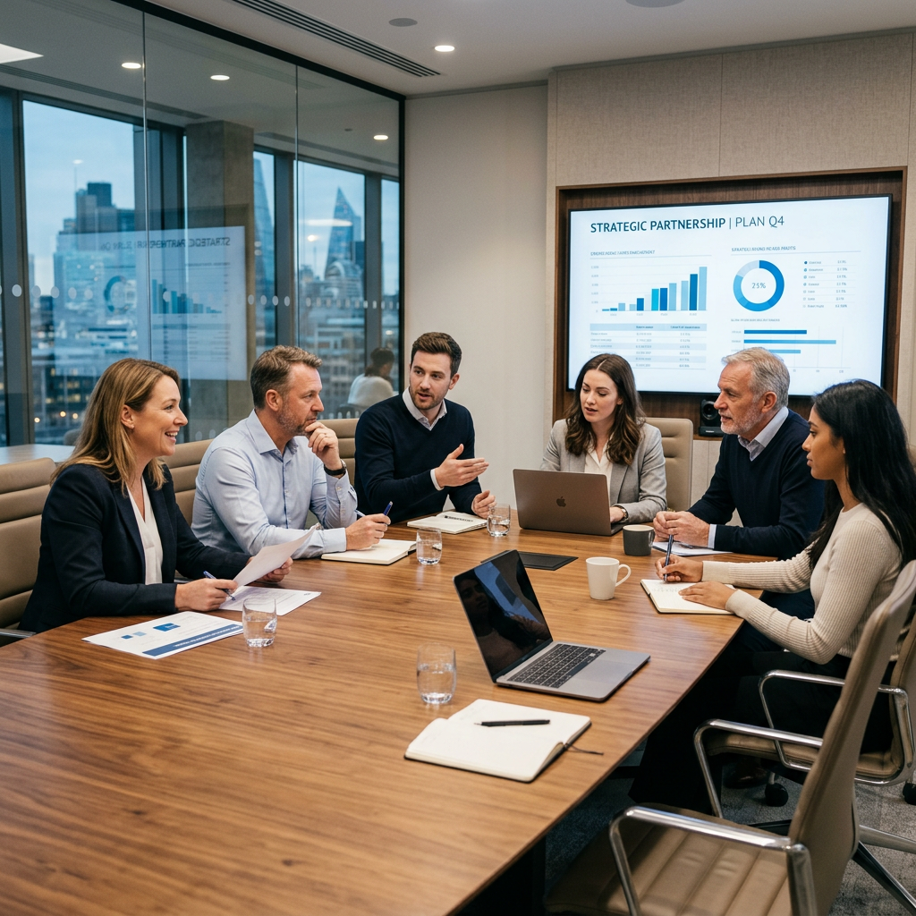 Five professionals in a conference room discussing strategy with charts on screen